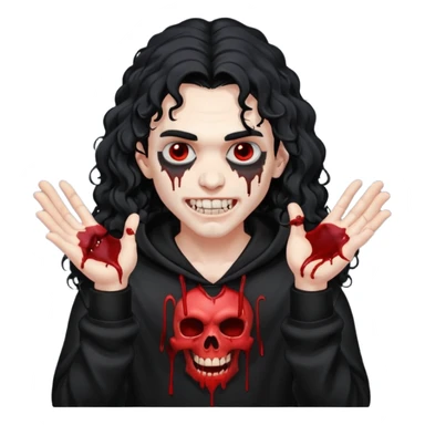 Vampire wearing a black hoodie with a skull logo on it, long curly hair that covers the forehead, fanged teeth and blood on hands sticker
