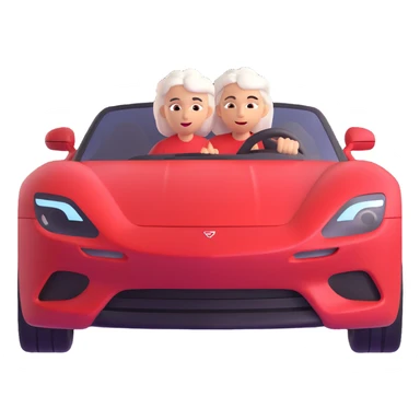 Make the mother with white hair in the red sports car look fast and furious, add dynamic motion effects, intense expression, sporty 3D emoji style, no background sticker
