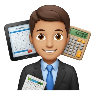 emoji, of a male AUDITOR smiling with Finance spreadsheet , a calculator,plus ADD A puzzle and a Balance for accounting. sticker
