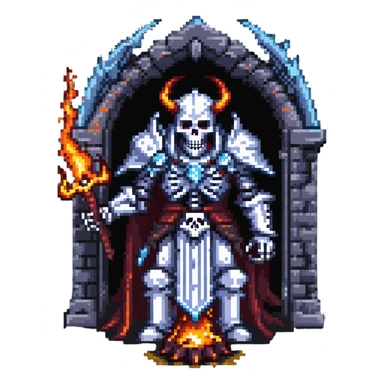 evil skeleton lich king in dark fortress with demonic fire sticker