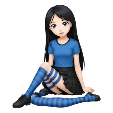 full body Front view emo girl blue eyes super long hair sits on the floor black skirt torn striped stockings sticker