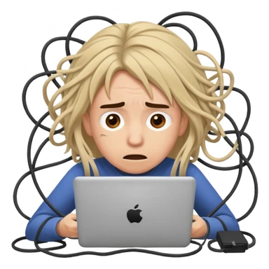 person with a tangled mess of cords, looking frustrated sticker