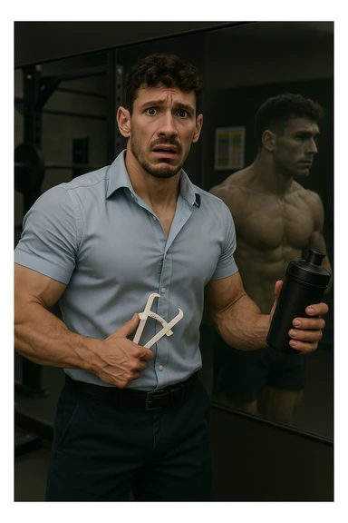 a fit man in his 30s stands in front of a gym mirror, flexing his muscles with a concerned expression. In one hand, he holds a caliper measuring his body fat, while in the other, a protein shaker. Reflected in the mirror, his muscular physique appears slightly faded around the edges, symbolizing his fear of losing muscle. The background shows gym equipment and nutrition charts, emphasizing his focus on definition. sticker