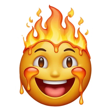 A high-resolution, surreal emoji face with a transparent background. The emoji is simultaneously laughing, crying, and melting while on fire.  sticker