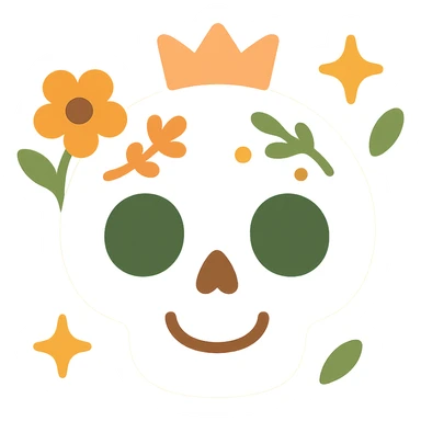 A cute, stylized skull with a friendly and whimsical vibe, designed in a soft and magical color palette: golden orange (FA9B41), forest green (4A7C5C), muted taupe brown (96775A), and pastel peach (FFCC9A). The skull has rounded, non-threatening features with expressive, oversized eye sockets and a gentle smile. It’s adorned with delicate floral patterns or tiny stars in the given colors, and perhaps a small crown or ribbon in peachy hues. The background is soft and glowing, creating a cozy, enchanting atmosphere. The overall mood is cute, calm, and a little bit magical. sticker