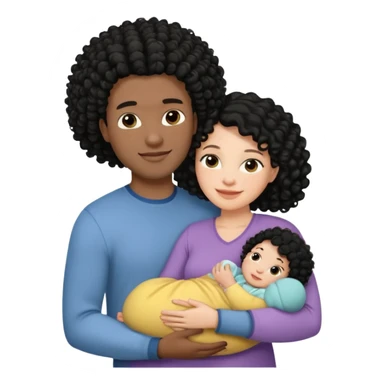 family: white woman curly black hair, black man with short black frizz hair, one 2 y o daughter , and a newborn in the and of the mother sticker