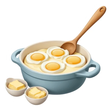 A carton of eggs, butter and a cream ceramic baking bowl with a wooden spoon in it sticker