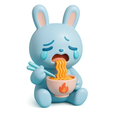 blue bunny crying while eating spicy ramen, vinyl figure style sticker