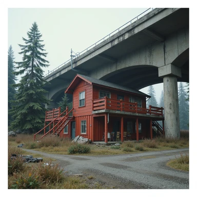  a screenshot of a location in a videogame  the image of the scene consists of:  [above-ground vacant train freeway partially collapsed], a red 1980's construction mansionesque wooden motel painted red, surrounded by war-torn pollution wreckage, wooded area sticker