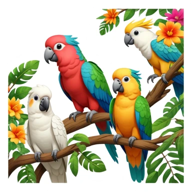 Close-up collage of vibrant Ara parrots and Inca cockatoos sitting on tree branches, surrounded by lush greenery. Bright colors of the birds stand out against a natural, sunny background of trees and flowers. Transparent background. sticker