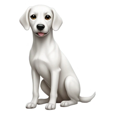 White dog with long tail and black spot around eye taking a poop sticker