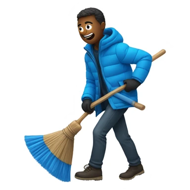 a man wearing a blue puffer jacket holding a broom running from a knife sticker
