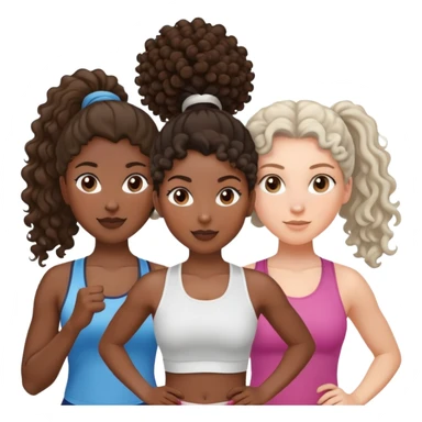 three women friends exercising together, one black woman with curly brown hair, one pale white woman with curly brown hair, and one white woman with straight brown hair in a ponytail positioned on the right sticker