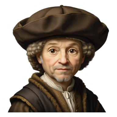 emoji of rembrandt,-shown-as-a-master-artist-with-deep,-introspective-eyes-and-richly-detailed-period-clothing,-rendered-with-dramatic-chiaroscuro-lighting-that-emphasizes-his-legacy brown puffy hat sticker