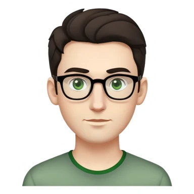 young man with pale skin, wider face, larger ears, bigger nose, thick dark eyebrows, dark tall voluminous slightly wavy hair styled up high on head but not curly, wearing glasses with green eyes and very light stubble, with a slight smile sticker