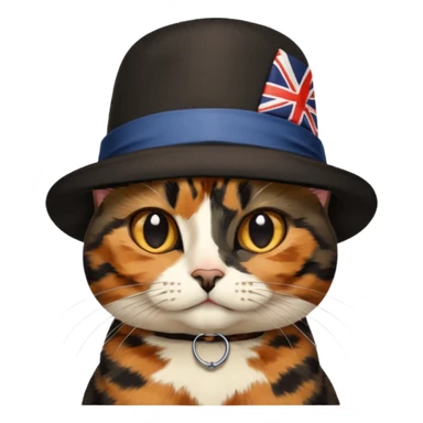 tortoiseshell cat with a british hat. mostly black and brown. NO WHITE sticker