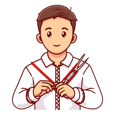 Ukrainian young man in a white embroidered traditional shirt holding a red thread with a needle and pliers sticker