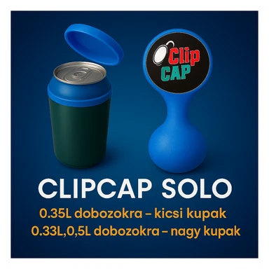 A kupakokat színezd át kékre. A CLIPCAP DUO felírat helyett CLIPCAP SOLO felírat legyen, a "kicsi és nagy kupak a csomagban" szöveg helyett "0.25L dobozokra - kicsi kupak" és a "0.33L,0.5L dobozokra - nagy kupak" külön sorban. sticker