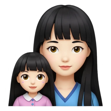 girl with long black hair, Korean style bangs, doll emoji style, subtle smile sticker