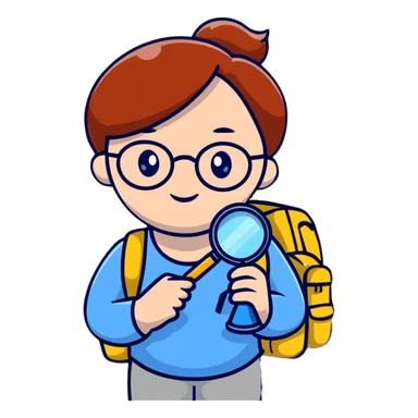 Cheerful woman hiker in her late 30s with glasses, backpack, and one magnifying glass in her right hand sticker