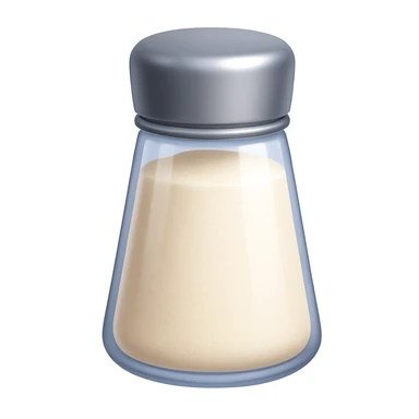Create a salt emoji that looks exactly like the reference image in iOS emoji style. The emoji should be 3D with shiny, smooth gradients, soft shadows, and a realistic salt shaker shape with a metallic lid. No face on the shaker. sticker