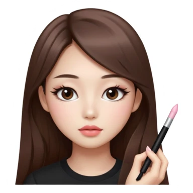 “korean straight long brown hair Emoji girl, soft eyeliner and blush, gradient lips, light brown shimmer eyeshadow sticker