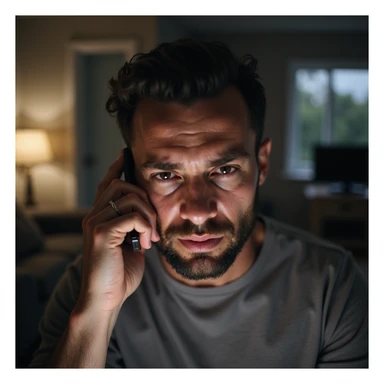 Man sending whiny voice messages from his phone, suffering face turned toward the camera, teary eyes, domestic environment, hyperrealistic 4K details sticker