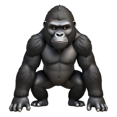 cinematic-friendly gorilla-realistic-full-body-crouched on all fours-emoji,-broad-and-powerful-frame-poised-with-confidence,-massive-arms-hanging-slightly-forward,-head-tilted-thoughtfully,-thick-black-fur,-deep-dark-eyes-full-of-intelligence,-simplified-yet-realistic sticker