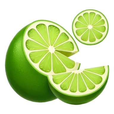 whole lime glossy green skin oval dimpled wedge cross-section beside showing pale green juicy interior radial segments no extras soft lighting emoji scale sticker