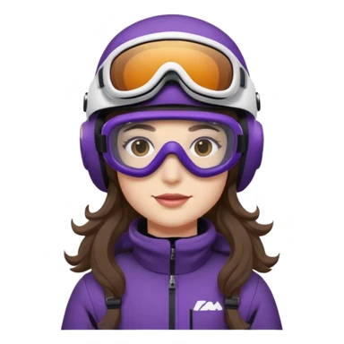 I’m sitting on snowmobile goggles and helmet not covering my face brown eyes long wavy hair white skin dark purple change snowmobile color to dark purple and white not yellow Snowmobile helmet and goggles, not on my face pants black no glasses on my face sticker