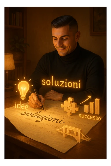 Un uomo concentrato, seduto alla sua scrivania in una stanza con luce calda, sta scrivendo su un enorme foglio di carta che si espande magicamente davanti a lui. Mentre scrive, le parole si trasformano in elementi visivi tridimensionali che rappresentano le soluzioni ai suoi problemi in italiano sticker