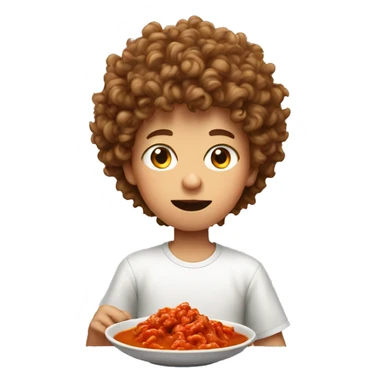 Boy with perm, eating a red curry sticker