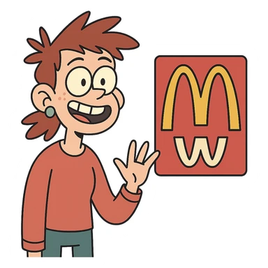 fake McDonald's logo with altered golden arches, quirky and fun, flat design sticker