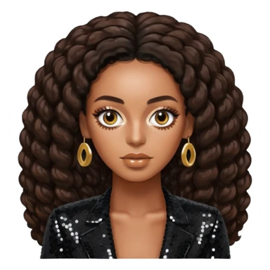 Solange with long dark brown hair, black sequin outfit sticker