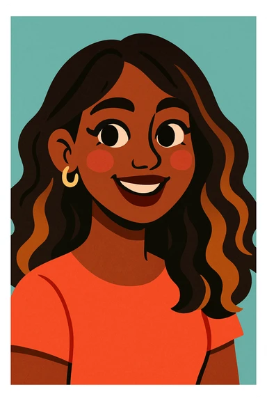 young woman with dark skin, brunette hair with caramel balayage, brown eyes, curled lashes, blush, in a vibrant, expressive illustration sticker