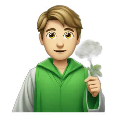 a European-looking student in a green robe with a sprout of green in his hands sticker