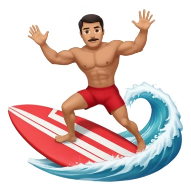 50 year old, muscular, dark haired, tan, red shorts man riding a big wave sticker