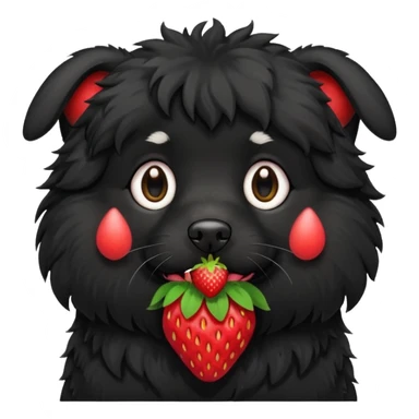 A black fluffy dog with a strawberry sticker