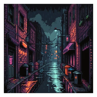 Pixel art background, dark Gotham City alley at night, flickering neon signs, wet asphalt, trash bins, moody streetlight, silhouettes in windows, Sega fighting game style
 sticker
