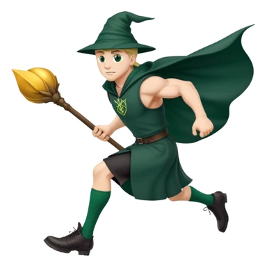 A muscular strong Slytherin student in final year without hat, sitting on a broomstick between his legs, chasing after a golden snitch sticker
