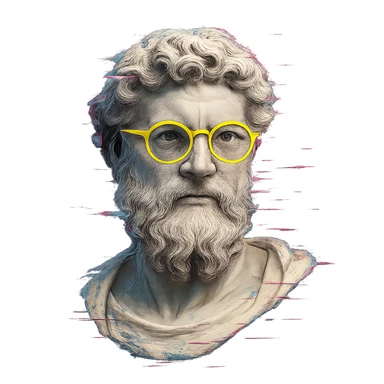 Greek marble bust with curly hair and beard, neon yellow round glasses, digital glitch effects, cyberpunk style, centered, ultra-detailed, soft shadows, clean edges, transparent background sticker
