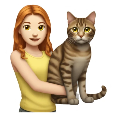 red haired girl with green eyes holding a brown and gray tabby cat with yellow eyes sticker