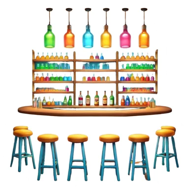 A 3D cartoon bar interior with a counter, glowing shelves of colorful bottles, tall stools, and hanging lights, warm ambient lighting, realistic reflections, Memoji-style. sticker