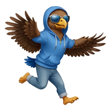 friendly anthropomorphised eagle with arms in a hoodie and jeans jumping and wearing sunglasses sticker