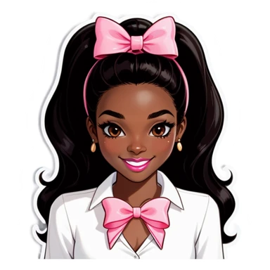 Darkskin girl with brown lip liner and light pink lips long black hair white shirt coquette bow in the front of her hair facing forward smiling good jewelry  sticker