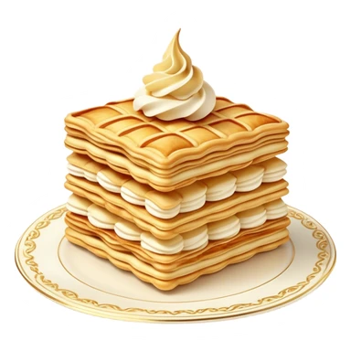 Mille-feuille Cinematic Realistic Mille-Feuille Dessert Emoji, depicted as a delicate pastry composed of two crisp layers of puff pastry with a rich cream filling, rendered with intricate textures and elegant, soft lighting. sticker