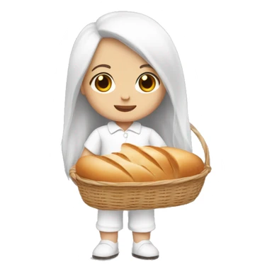 cute white doll, with jumpsuit, white shirt in it, long straight hair, holding a bread basket sticker