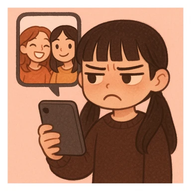 stylized illustration of a young girl with long dark hair in pigtails and blunt fringe, dark brown outfit, holding a phone with a jealous, annoyed face; enlarged phone screen shows two friends smiling in a selfie; minimal pink background; soft and cute cartoon style; focus on her emotional reaction sticker