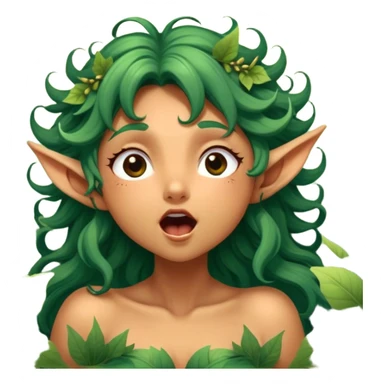 Cinematic Realistic Forest Nymph Fairy Portrait, head tilted slightly with a dramatic, wide-open yawn, revealing a tender, relaxed visage with finely detailed tanned skin and flowing, vine-adorned hair gently framing her face. Her sleepy eyes exude a serene, dreamlike quality as soft natural sunlight filters through the canopy, capturing the essence of a drowsy yet captivating forest nymph drifting into peaceful slumber. sticker