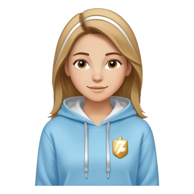 Woman with predominantly brown hair with blonde highlights, straight with side part, serene smile, dreamy eyes, wearing a light blue fantasy-sporty hoodie with golden and white details sticker